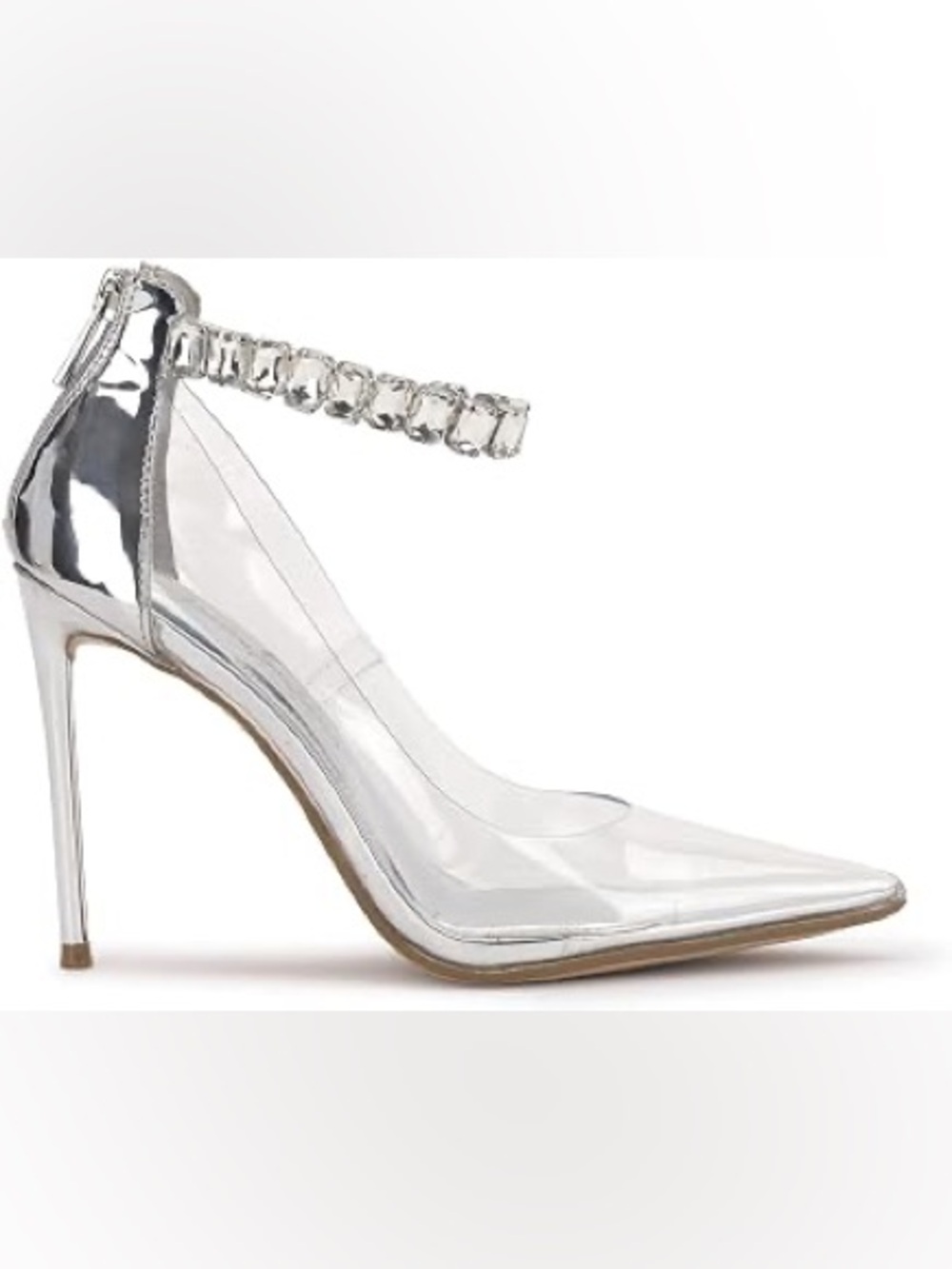 Jessica Simpson Clear Pointed Stiletto with Crystal Ankle Strap - Silver